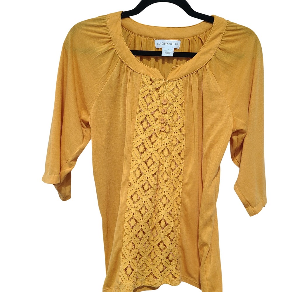 Sag‎ Harbor Mustard Yellow Lace Front 3/4 Sleeve Blouse Top Womens Medium Boho